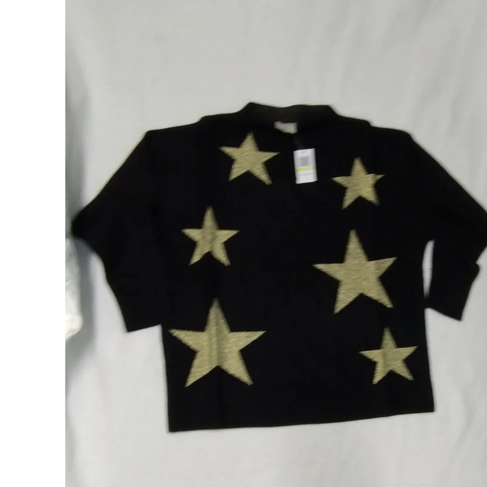 Sioni Black Sweater Gold Star Print‎ Pullover Top Size Medium NWT
